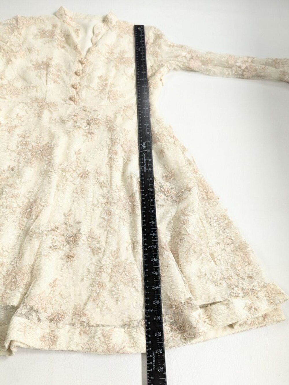 Vintage Handmade Short Lace Wedding Dress With Beading & Crystals Size S Ivory - Picture 14 of 17